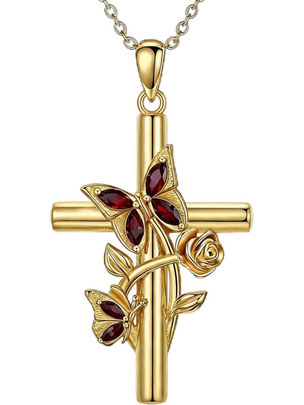 18K Gold Butterfly Rose Cross Necklace for Women Minimalist Birthstone Flower Cr